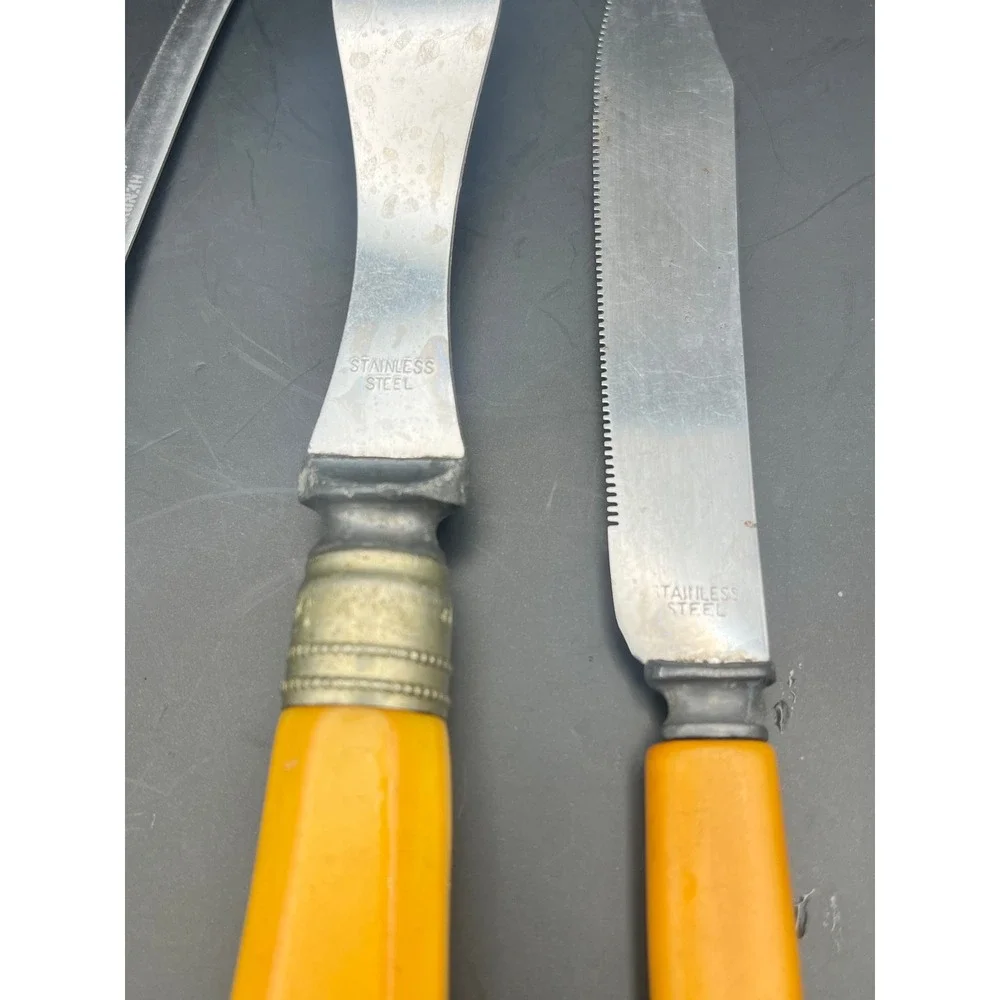 Vtg Butterscotch Bakelite Handle Stainless Steel Carving 4 Pc Set MCM Knife Fork